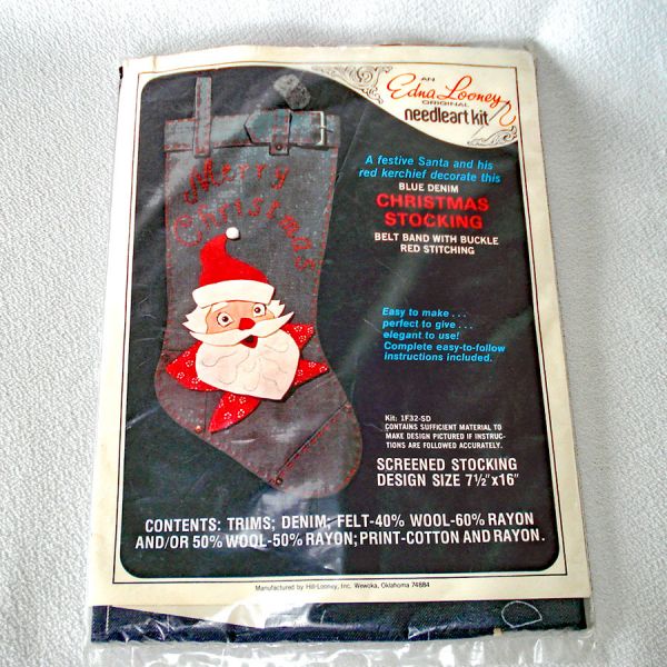 Edna Looney Denim Santa Christmas Stocking Needlework Kit #1