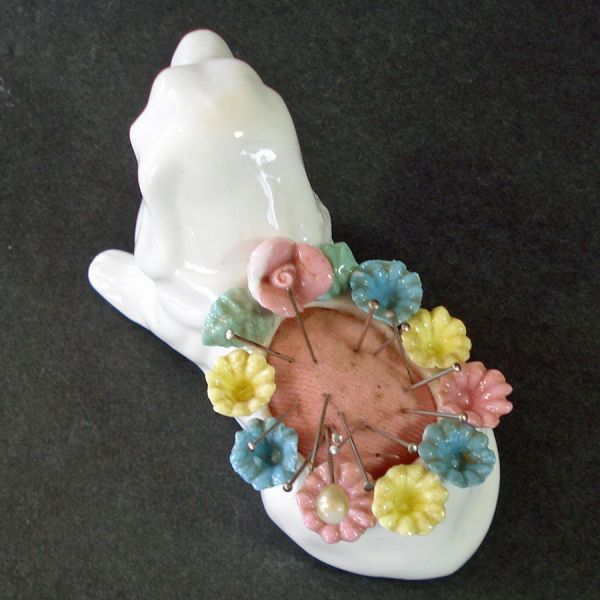 Bone China Dog Pin Cushion Applied Flowers #4