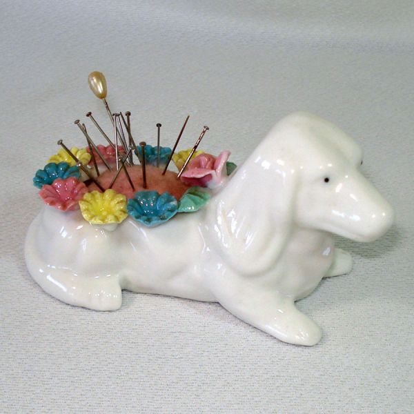 Bone China Dog Pin Cushion Applied Flowers Clearance #6