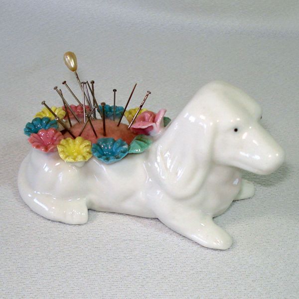 Bone China Dog Pin Cushion Applied Flowers #6