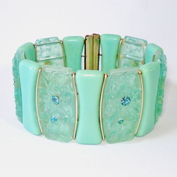 Mint Green Carved Flowers Plastic Cuff Bracelet #2