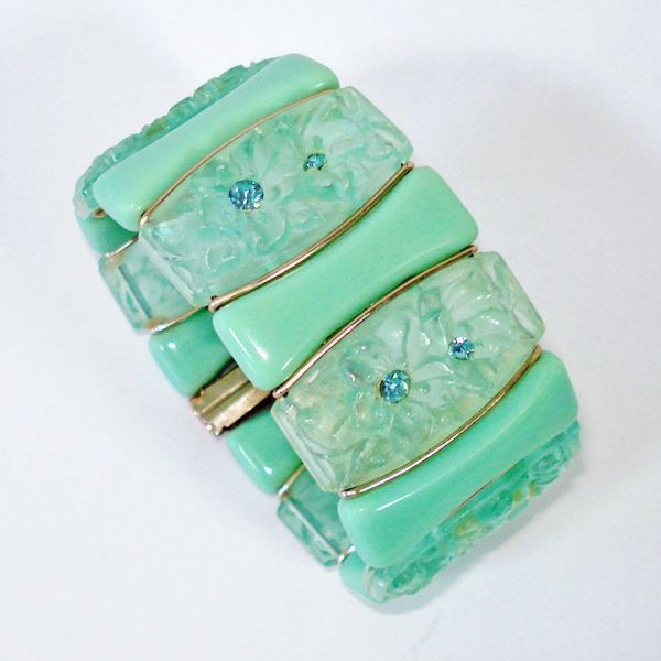 Mint Green Carved Flowers Plastic Cuff Bracelet #3