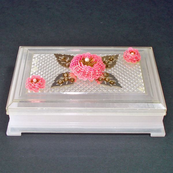 1950s Plastic Trinket Dresser Box Sequin Rose Decoration #2