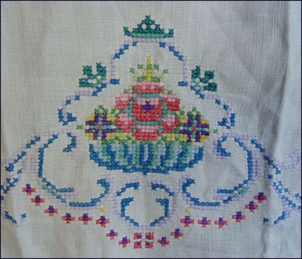 Embroidered Linen Flower Basket Guest or Fingertip Towel Clearance #2