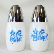 Gemco 1970s Milk Glass Salt Pepper Shakers Retro Blue Flowers