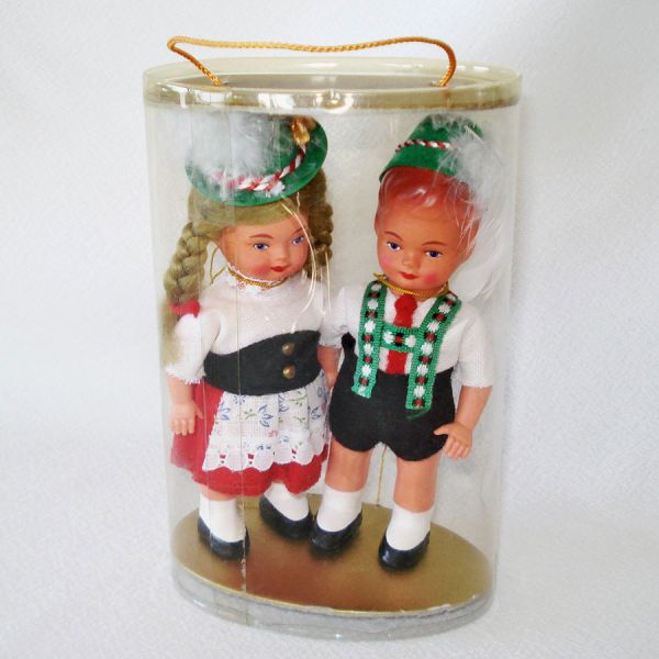 Pair 1960s German Costume Dolls in Original Mylar Case