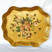 Grapes Flowers 21 Inch Hand Painted Gold Tole Tray
