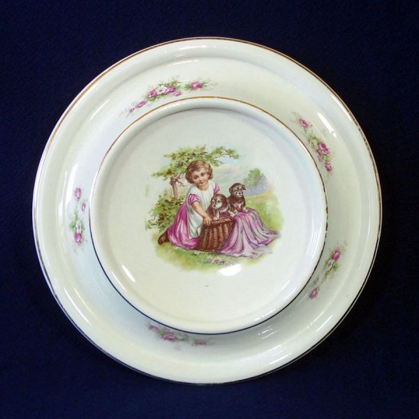 Girl With Puppies Antique Baby Feeding Plate Dish #1