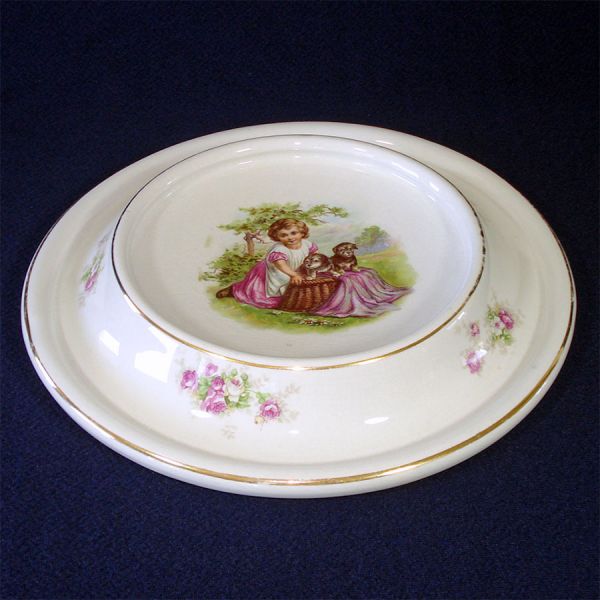 Girl With Puppies Antique Baby Feeding Plate Dish #2