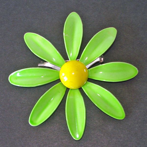 Green Yellow Daisy Flower Enameled Brooch Pin #2