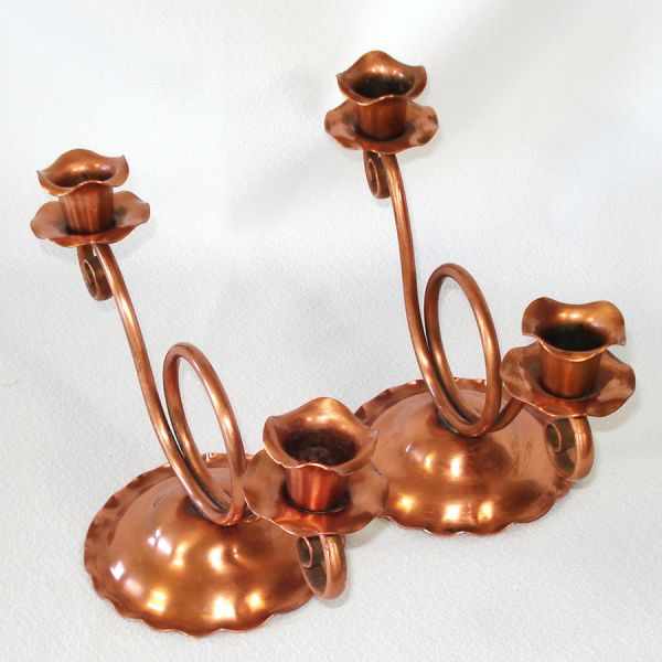 Pair Gregorian Copper Double Candlesticks, Bonus Triple Holder #3