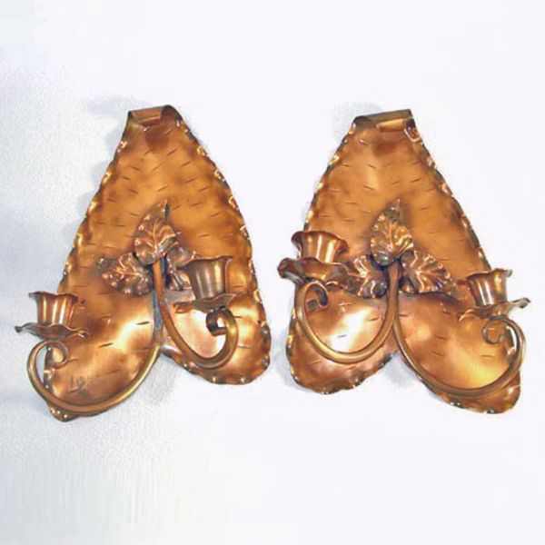 Pair Gregorian Copper Leaf Double Candle Sconces Clearance
