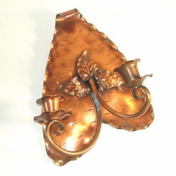 Pair Gregorian Copper Leaf Double Candle Sconces #3