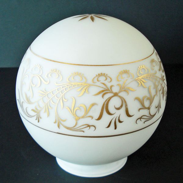 Gold Feather Scrolls on Satin White Glass Globe Light Shade