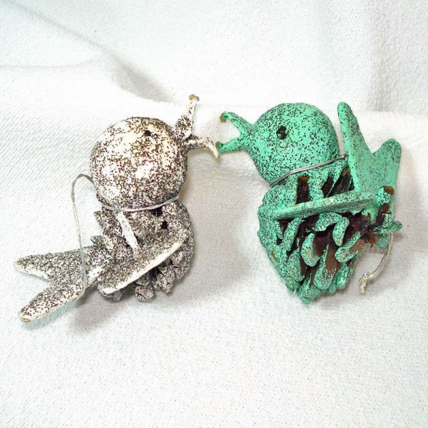 2 Mica Glittered Pinecone Bird Christmas Ornaments Clearance
