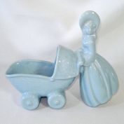 Haeger 1940s Blue Lady Pushing Baby Buggy Nursery Planter Clearance