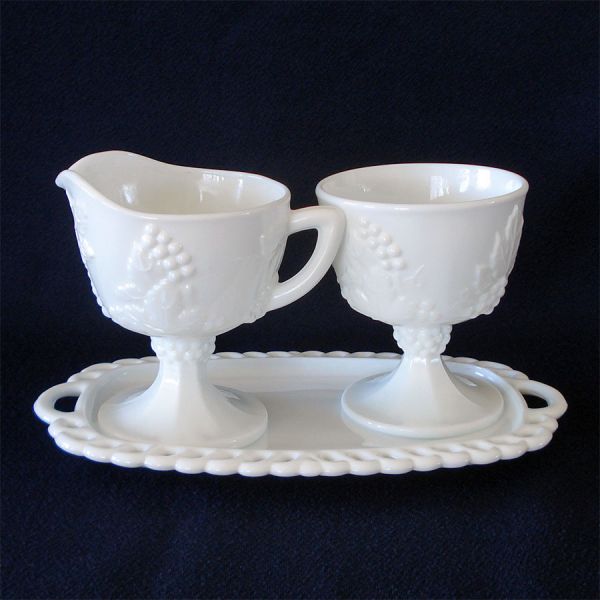 Indiana Harvest Grape Milk Glass Creamer Sugar Tray Set
