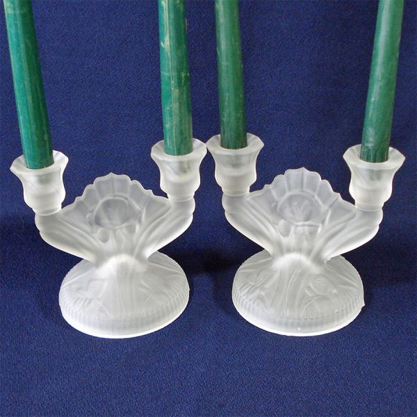 Iris and Herringbone Jeannette Glass Pair Double Candlesticks