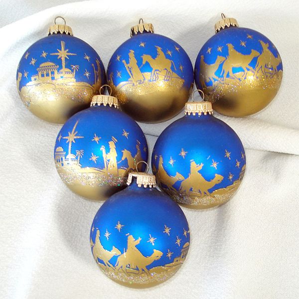 Box Krebs Blue Gold Glass Glitter Scene Ornaments #3