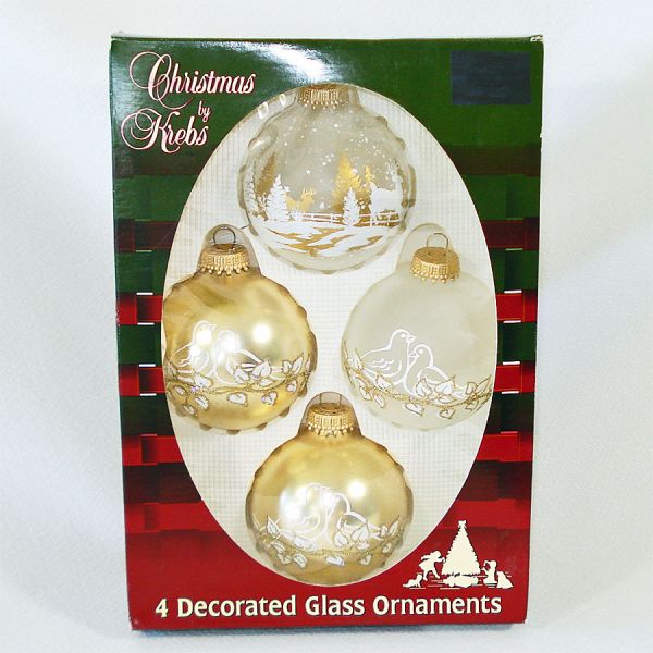 Box Krebs Gold White Deer, Lovebirds Glass Christmas Ornaments