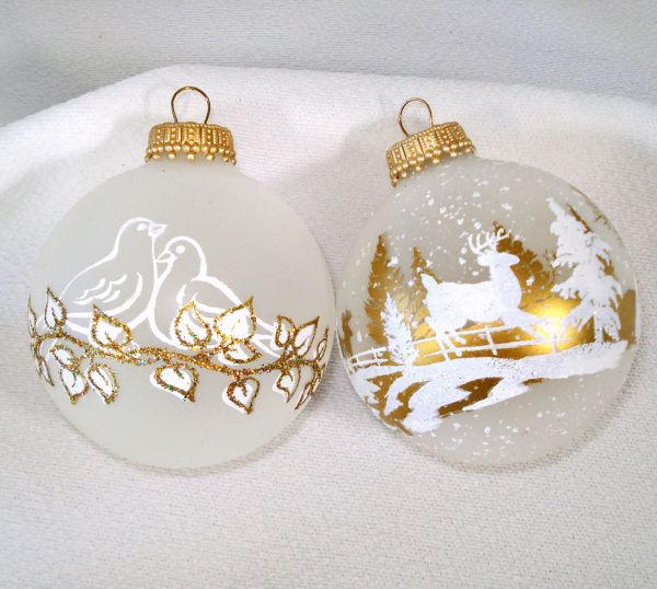Box Krebs Gold White Deer, Lovebirds Glass Christmas Ornaments #3