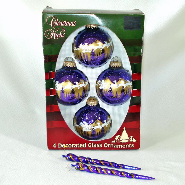 Box Krebs Purple Gold Santa Scene Glass Christmas Ornaments