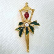 Christmas Lamp Post Pin Brooch Enamel Holly Rhinestone