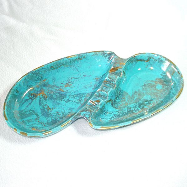 Lane California Biomorphic Teardrop Aqua Gold Pottery Ashtray