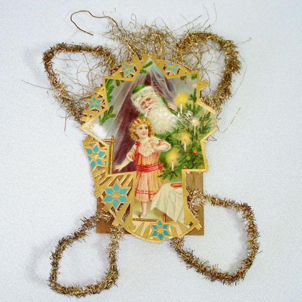 Antique Tinsel Scrap Christmas Ornament Santa Little Girl Clearance