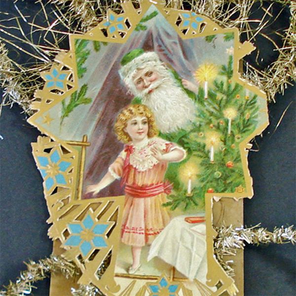 Antique Tinsel Scrap Christmas Ornament Santa Little Girl Clearance #2