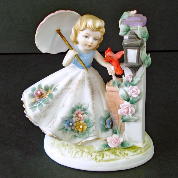 Lefton Parasol Girl With Cardinal Bisque Figurine Clearance