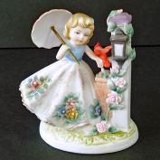 Lefton Parasol Girl With Cardinal Bisque Figurine Clearance
