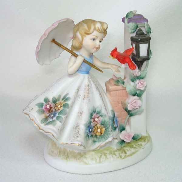 Lefton Parasol Girl With Cardinal Bisque Figurine Clearance #2