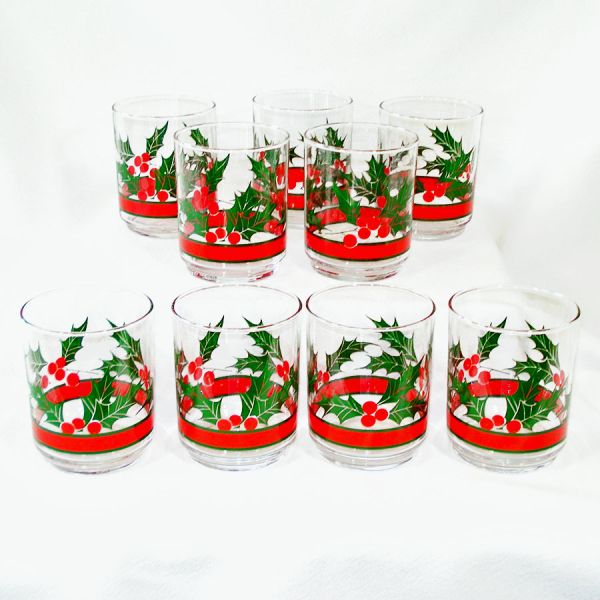 Libbey 9 Double Old Fashioned Holly Berries Christmas Tumblers