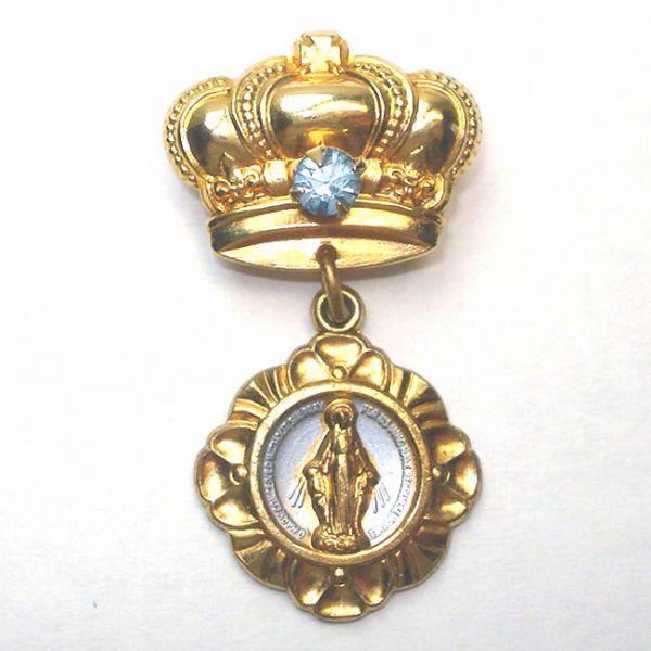 Goldtone Rhinestone Crown Pin Brooch Miraculous Mary Medal #2
