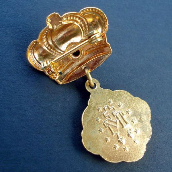 Goldtone Rhinestone Crown Pin Brooch Miraculous Mary Medal #3