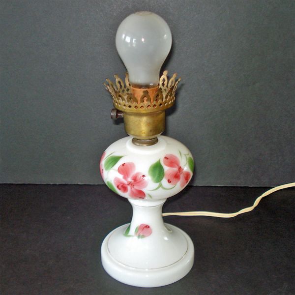 Pink Flowers Milk Glass Boudoir Table Lamp Clearance
