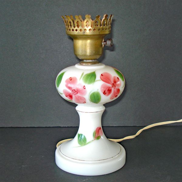 Pink Flowers Milk Glass Boudoir Table Lamp Clearance #2