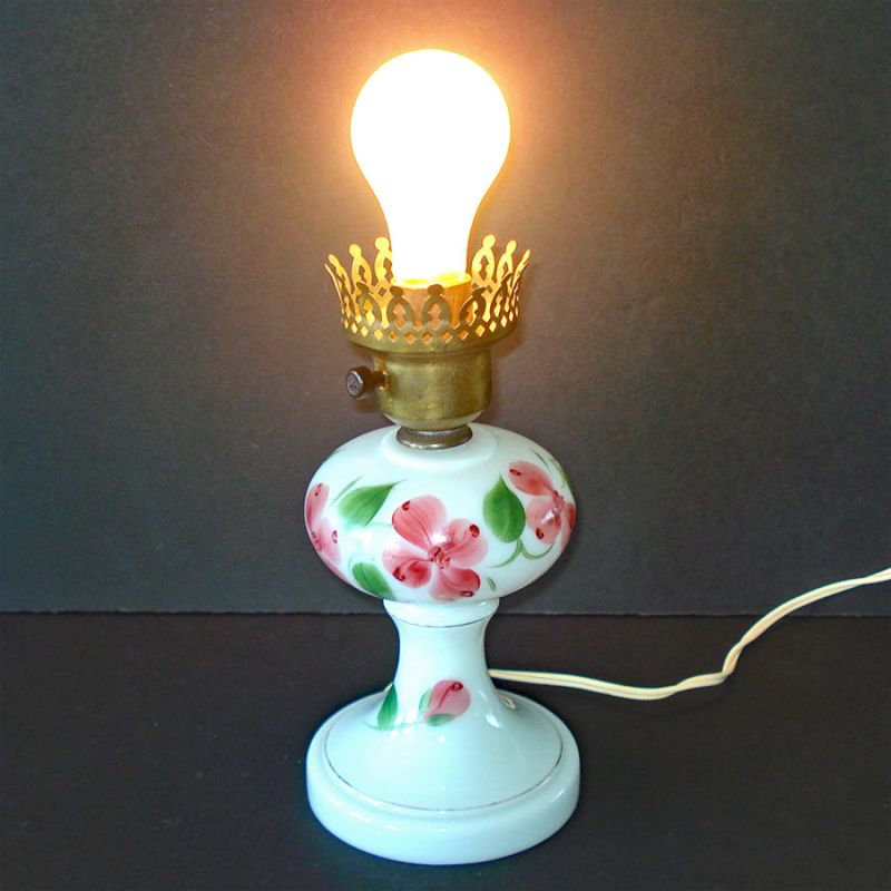 Pink Flowers Milk Glass Boudoir Table Lamp