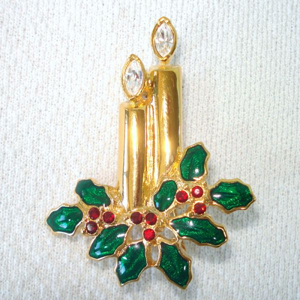 Monet Christmas Candles Rhinestones Brooch Pin on Card Clearance #2