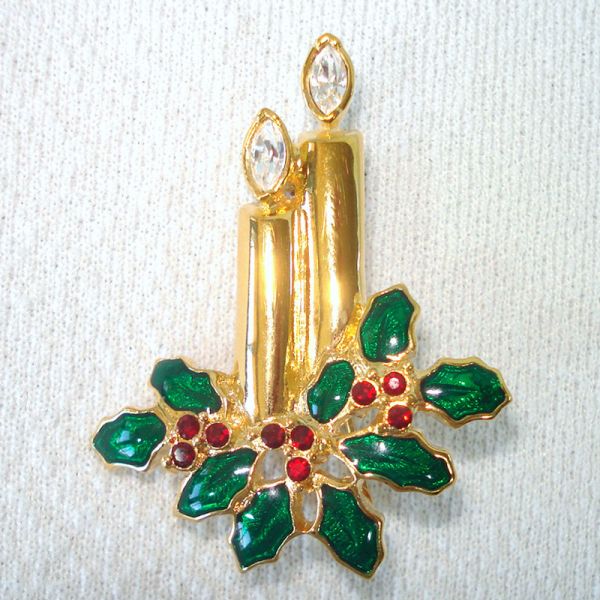 Monet Christmas Candles Rhinestones Brooch Pin on Card #2