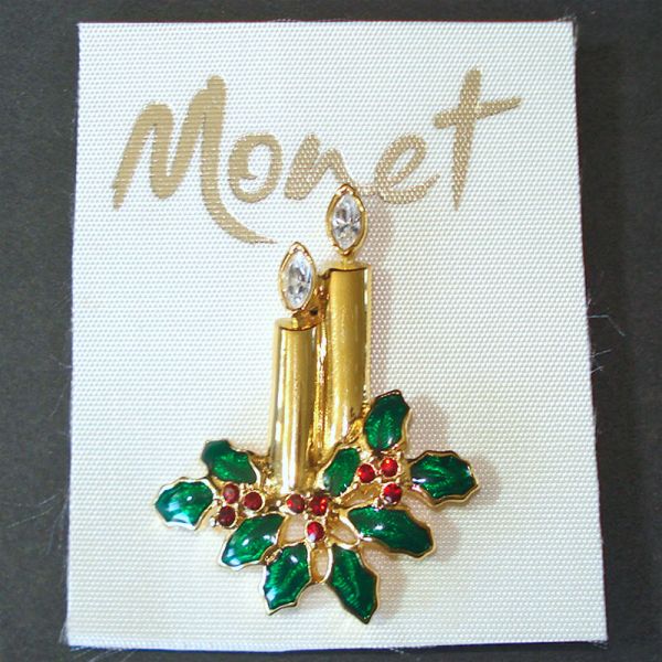 Monet Christmas Candles Rhinestones Brooch Pin on Card Clearance #4