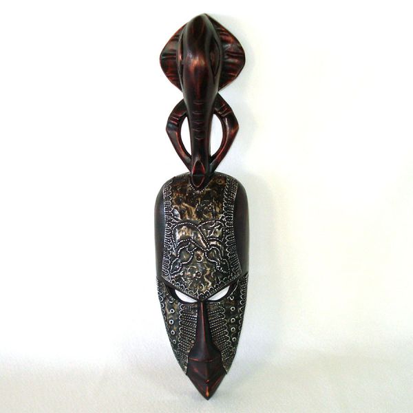 Carved Wood African Tribal Mask With Elephant, Metal Trim