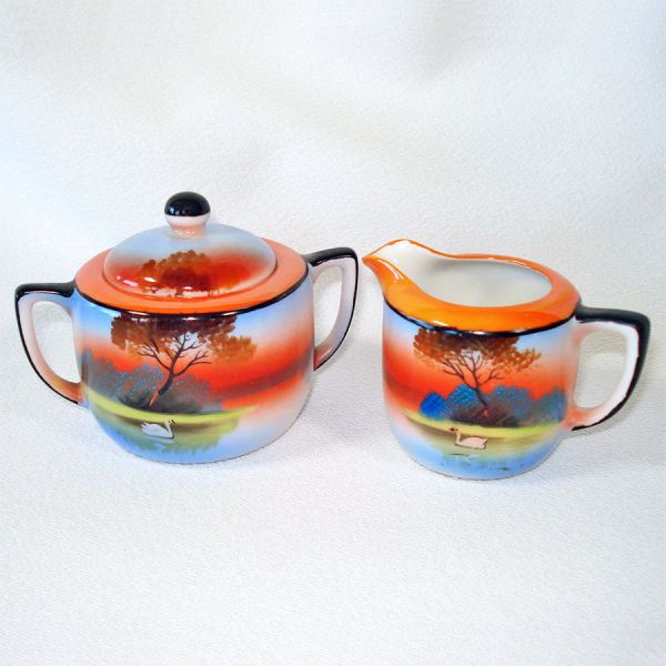 Noritake Art Deco Scenic Handpainted Creamer Sugar Set Clearance