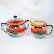 Noritake Art Deco Scenic Handpainted Creamer Sugar Set Clearance