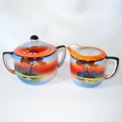 Noritake Art Deco Scenic Handpainted Creamer Sugar Set