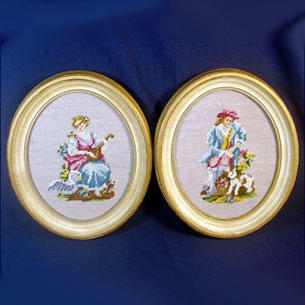 Pair Oval Renaissance Couple Needlepoint Pictures