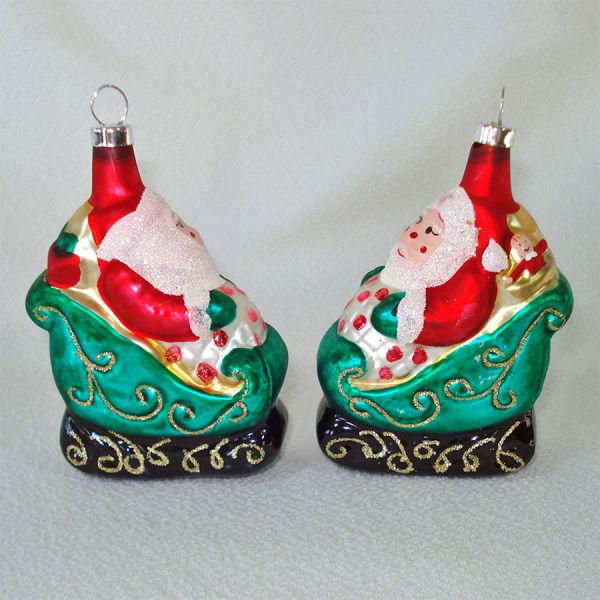 Pair Santa in Sleigh Glass Christmas Ornaments #2