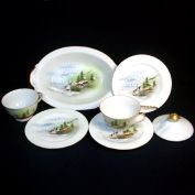 6 Pc Oriental Landscape Scene Porcelain China Cups Plates Bowl Clearance