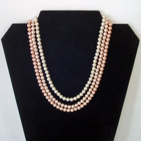 Triple Strand Tri Color Pink Beige Faux Pearl Necklace #2